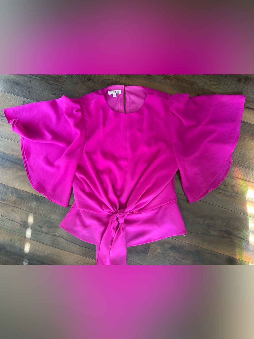 TCEC Hot Pink Fuchsia Tie Front Bell Sleeve Blouse Top Small